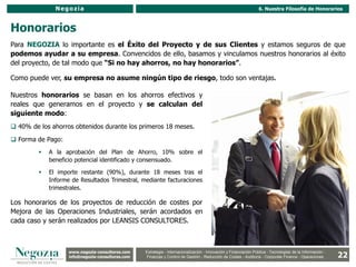 Negozia                                                                                              6. Nuestra Filosofía de Honorarios



Honorarios
Para NEGOZIA lo importante es el Éxito del Proyecto y de sus Clientes y estamos seguros de que
podemos ayudar a su empresa. Convencidos de ello, basamos y vinculamos nuestros honorarios al éxito
del proyecto, de tal modo que “Si no hay ahorros, no hay honorarios”.

Como puede ver, su empresa no asume ningún tipo de riesgo, todo son ventajas.

Nuestros honorarios se basan en los ahorros efectivos y
reales que generamos en el proyecto y se calculan del
siguiente modo:
 40% de los ahorros obtenidos durante los primeros 18 meses.

 Forma de Pago:
            A la aprobación del Plan de Ahorro, 10% sobre el
             beneficio potencial identificado y consensuado.

            El importe restante (90%), durante 18 meses tras el
             Informe de Resultados Trimestral, mediante facturaciones
             trimestrales.

Los honorarios de los proyectos de reducción de costes por
Mejora de las Operaciones Industriales, serán acordados en
cada caso y serán realizados por LEANSIS CONSULTORES.



                    www.negozia-consultores.com              Estrategia y Organización – Recursos Humanos – I+D+i – Business Intelligence –
                      www.altair-consultores.com
                                                                                                                                                              22
                                                    Estrategia - Internacionalización - Innovación y Financiación Pública - Tecnologías de la Información -
                    info@negozia-consultores.com
                      info@altair-consultores.com   Finanzas y Control de y Control Reducción de Costes - Auditoría - Corporate Finance - Operaciones
                                                                 Finanzas Gestión - de Gestión – Auditoría – Corporate Finance - Operaciones
 