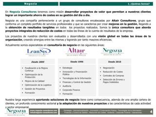 Negozia                                                                                                                       1. ¿Quiénes Somos?


En Negozia Consultores tenemos como misión desarrollar proyectos de valor que permitan a nuestros clientes
lograr un importante ahorro de costes en su gestión del día a día.

Negozia es una compañía perteneciente a un grupo de consultoras encabezadas por Altair Consultores, grupo que
conforma un completo portfolio de servicios profesionales y que se caracteriza por crear mejoras en la gestión, llegando a
la obtención de resultados tangibles en todos los proyectos realizados. Somos la única consultora que aborda
proyectos integrales de reducción de costes en todas las líneas de la cuenta de resultados de la empresa.

Los proyectos de nuestros clientes son evaluados y desarrollados con una visión global en todas las áreas de la
organización, creando sinergias entre las mismas y logrando por tanto mayores eficiencias.

Actualmente somos especialistas en consultoría de negocio en las siguientes áreas:




                      Desde 2005                                 Desde 1996                                        Desde 2010

              Focalización a la Mejora               Estrategia                                        Negociación
               Continua
                                                      Innovación y Financiación                         Reducción de Costes
              Optimización de la                      Pública
                                                                                                         Centrales de Compras
               Producción
                                                      Tecnologías de la Información
                                                                                                         Detección de Errores y
              Mejora de la Calidad
                                                      Finanzas y Control de Gestión                      Pagos Indebidos
              Optimización de la Logística
                                                      Auditoría
              Gestión de Proyectos
                                                      Corporate Finance
              Formación
                                                      Formación

Nuestra larga experiencia aportando soluciones de negocio tiene como consecuencia, además de una amplia cartera de
clientes, un profundo conocimiento sectorial y la adaptación de nuestros proyectos a las características de cada actividad
y sector empresarial.
                     www.negozia-consultores.com                  Estrategia y Organización – Recursos Humanos – I+D+i – Business Intelligence –
                       www.altair-consultores.com
                                                                                                                                                                   4
                                                         Estrategia - Internacionalización - Innovación y Financiación Pública - Tecnologías de la Información -
                     info@negozia-consultores.com
                       info@altair-consultores.com       Finanzas y Control de y Control Reducción de Costes - Auditoría - Corporate Finance - Operaciones
                                                                      Finanzas Gestión - de Gestión – Auditoría – Corporate Finance - Operaciones
 