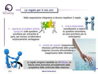 Nella negoziazione integrativa si devono rispettare 3 regole:
Le regole per il win win
1.  approccio di problem solving
congiunto sulle questioni
prioritarie per entrambe le
parti, per trovare un’alternativa
reciprocamente vantaggiosa
2.  mutua disponibilità
(accettazione a cedere
su questioni secondarie,
se sono prioritarie per la
controparte)
3.  onestà dei segnali: trasparenza e
chiarezza sull’intensità delle proprie
esigenze (rinuncia all’overbidding =
esagerazione delle richieste)
Le regole vengono rispettate se c’è fiducia. La
fiducia viene promossa principalmente dalla
prospettiva della continuità della relazione.
2015	
   Maria	
  Cris(na	
  Rocco	
   23	
  
 