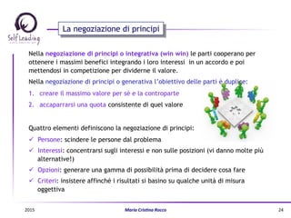 Nella negoziazione di principi o integrativa (win win) le parti cooperano per
ottenere i massimi benefici integrando i loro interessi in un accordo e poi
mettendosi in competizione per dividerne il valore.
Nella negoziazione di principi o generativa l’obiettivo delle parti è duplice:
1.  creare il massimo valore per sé e la controparte
2.  accaparrarsi una quota consistente di quel valore
Quattro elementi definiscono la negoziazione di principi:
ü  Persone: scindere le persone dal problema
ü  Interessi: concentrarsi sugli interessi e non sulle posizioni (vi danno molte più
alternative!)
ü  Opzioni: generare una gamma di possibilità prima di decidere cosa fare
ü  Criteri: insistere affinché i risultati si basino su qualche unità di misura
oggettiva
La negoziazione di principi
2015	
   Maria	
  Cris(na	
  Rocco	
   24	
  
 