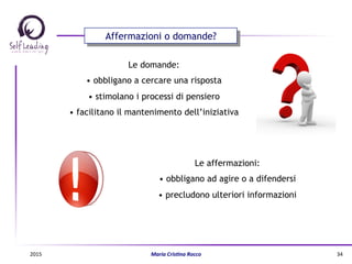 Affermazioni o domande?
Le domande:
•  obbligano a cercare una risposta
•  stimolano i processi di pensiero
•  facilitano il mantenimento dell’iniziativa
Le affermazioni:
•  obbligano ad agire o a difendersi
•  precludono ulteriori informazioni
2015	
   Maria	
  Cris(na	
  Rocco	
   34	
  
 