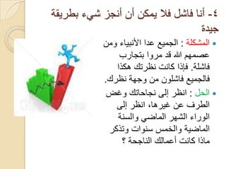 ‫4- أنا فاشل فال يمكن أن أنجز شيء بطريقة‬
                                   ‫جيدة‬
            ‫‪ ‬المشكلة : الجميع عدا األنبياء ومن‬
                ‫عصمهم هللا قد مروا بتجارب‬
               ‫فاشلة. فإذا كانت نظرتك هكذا‬
            ‫فالجميع فاشلون من وجهة نظرك.‬
             ‫‪ ‬الحل : انظر إلى نجاحاتك وغض‬
               ‫الطرف عن غيرها, انظر إلى‬
               ‫الوراء الشهر الماضي والسنة‬
             ‫الماضية والخمس سنوات وتذكر‬
                 ‫ماذا كانت أعمالك الناجحة ؟‬
 