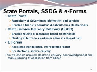 State   Portals, SSDG   & e-Forms State Portal Repository of Government Information  and services Enables citizens to download & submit forms electronically State Service Delivery Gateway (SSDG) Enables routing of messages based on standards Routing of forms to a particular office of a Department E Forms Facilitates standardized, interoperable format For electronic service delivery This will enable assured electronic delivery, acknowledgement and status tracking of application from citizen 