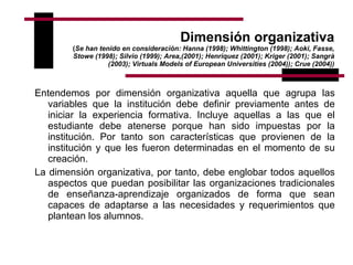 Dimensión organizativa ( Se han tenido en consideración:  Hanna (1998); Whittington (1998); Aoki, Fasse, Stowe (1998); Silvio (1999); Area,(2001); Henriquez (2001); Kriger (2001); Sangrà (2003); Virtuals Models of European Universities (2004)); Crue (2004)) Entendemos por dimensión organizativa aquella que agrupa las variables que la institución debe definir previamente antes de iniciar la experiencia formativa. Incluye aquellas a las que el estudiante debe atenerse porque han sido impuestas por la institución. Por tanto son características que provienen de la institución y que les fueron determinadas en el momento de su creación.  La dimensión organizativa, por tanto, debe englobar todos aquellos aspectos que puedan posibilitar las organizaciones tradicionales de enseñanza-aprendizaje organizados de forma que sean capaces de adaptarse a las necesidades y requerimientos que plantean los alumnos. 