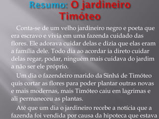Conta-se de um velho jardineiro negro e poeta que era escravo e vivia em uma fazenda cuidado das flores. Ele adorava cuidar delas e dizia que elas eram a família dele. Todo dia ao acordar ia direto cuidar delas regar, podar, ninguém mais cuidava do jardim a não ser ele próprio.  Um dia o fazendeiro marido da Sinhá de Timóteo quis cortar as flores para poder plantar outras novas e mais modernas, mais Timóteo caiu em lagrimas e ali permaneceu as plantas. Até que um dia o jardineiro recebe a notícia que a fazenda foi vendida por causa da hipoteca que estava  