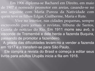 Em 1906 diploma-se Bacharel em Direito, em maio de 1907 é nomeado promotor em areias, casando-se no ano seguinte com Maria Pureza da Natividade com quem teve os filhos Edgar, Guilherme, Maria e Rute. Vive no interior, nas cidades pequenas, sempre escrevendo para jornais e revistas, tribuna de Santos, Gazeta de notícias do Rio.  Em 1911 morre seu avô, o visconde de Tremembé e dele herda a fazenda Buquira, passando de promotor a fazendeiro. A geada das dificuldades levam-no a vender a fazenda em 1917 e a transferir-se para São Paulo. Ele compra a revista do Brasil e começa a editar seus livros para adultos Urupês inicia a fila em 1918. 