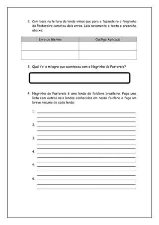 2. Com base na leitura da lenda vimos que para o fazendeiro o Negrinho
do Pastoreiro cometeu dois erros. Leia novamente o texto e preencha
abaixo:
Erro do Menino Castigo Aplicado
3. Qual foi o milagre que aconteceu com o Negrinho do Pastoreio?
4. Negrinho do Pastoreio é uma lenda do folclore brasileiro. Faça uma
lista com outras seis lendas conhecidas em nosso folclore e faça um
breve resumo de cada lenda:
1. _________________________________________________
_________________________________________________
_________________________________________________
2. _________________________________________________
_________________________________________________
_________________________________________________
3. _________________________________________________
_________________________________________________
_________________________________________________
4. _________________________________________________
_________________________________________________
_________________________________________________
5. _________________________________________________
_________________________________________________
_________________________________________________
6. _________________________________________________
_________________________________________________
_________________________________________________
 