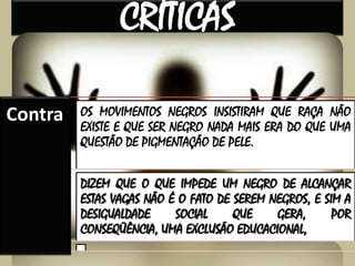 CRÍTICAS
Contra

OS MOVIMENTOS NEGROS INSISTIRAM QUE RAÇA NÃO
EXISTE E QUE SER NEGRO NADA MAIS ERA DO QUE UMA
QUESTÃO DE PIGMENTAÇÃO DE PELE.

DIZEM QUE O QUE IMPEDE UM NEGRO DE ALCANÇAR
ESTAS VAGAS NÃO É O FATO DE SEREM NEGROS, E SIM A
DESIGUALDADE
SOCIAL
QUE
GERA,
POR
CONSEQÜÊNCIA, UMA EXCLUSÃO EDUCACIONAL,

 