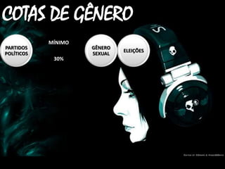 COTAS DE GÊNERO
PARTIDOS
POLÍTICOS

MÍNIMO
30%

GÊNERO
SEXUAL

ELEIÇÕES

 