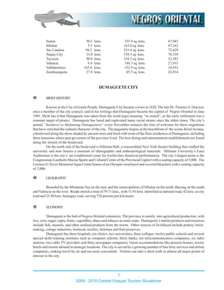 Siaton 50.1 kms. 335.9 sq. kms. 67,943
Sibulan 5.5 kms. 163.0 sq. kms. 47,162
Sta. Catalina 94.2 kms. 523.4 sq. kms. 72,629
Tanjay City 33.0 kms. 539.3 sq. kms. 78,539
Tayasan 90.0 kms. 154.2 sq. kms. 32,383
Valencia 9.4 kms. 148.3 sq. kms. 27,933
Vallehermoso 165.0 kms. 152.9 sq. kms. 34,933
Zamboanguita 27.8 kms. 85.5 sq. kms. 24,914
DUMAGUETECITY
BRIEFHISTORY
Known as the City of Gentle People, Dumaguete City became a town in 1620. The late Dr. Timoteo S. Oracion,
once a member of the city council, said in his writings that Dumaguete became the capital of Negros Oriental in June
1901. Myth has it that Dumaguete was taken from the word dagit meaning “to snatch”, as the early settlement was a
constant target of pirates. Dumaguete has lured and captivated many racial strains since the olden times. The city’s
annual “Sandurot sa Malumong Dumaguitnon” every November reenacts the rites of welcome for these migrations
that have enriched the cultural character of the city. The pageantry begins at the beachfront of the scenic RizalAvenue,
a boulevard along the shore shaded by ancient trees and lined with some of the finer residences of Dumaguete, including
three mansions where past governors of the province lived. The best dining and entertainment establishments are found
along the stretch of the boulevard.
On the north end of the boulevard is Silliman Hall, a reassembled New York theater building that cradled the
university and now houses a museum of ethnographic and anthropological materials. Silliman University’s Luce
Auditorium is the city’s air-conditioned venue for world-class theatrical performances. The city’s largest arena is the
Congressman Lamberto Macias Sports and Cultural Centre of the Provincial Capitol with a seating capacity of 5,000. The
Lorenzo G. Teves MemorialAqua Centre boasts of an Olympic-sized pool and covered bleachers with a seating capacity
of 2,000.
GEOGRAPHY
Bounded by the Mindanao Sea on the east, and the municipalities of Sibulan on the north, Bacong on the south
and Valencia on the west. Roads stretch a total of 79.71 kms., with 11.91 kms. identified as national road, 42 kms. as city
road and 25.80 kms. barangay road, serving 724 persons per kilometer.
ECONOMY
Dumaguete is the hub of Negros Oriental commerce. The province is mainly into agricultural production, with
rice, corn, sugar, copra, fruits, vegetables, abaca and tobacco as main crops. Dumaguete’s marine products and resources
include fish, mussels, and other seafood products from the towns. Other sources of livelihood include pottery, brick-
making, cottage industries, footwear, textiles, furniture and fruit preserves.
Dumaguete has three hospitals, ten clinics, two universities, three colleges, twelve public schools and several
special skills-training institutes such as computer schools, thirty banks, ten telecommunication companies, six radio
stations, two cable TV providers and three newspaper companies. Guest accommodations like pension houses, luxury
hotels and resorts abound in strategic locations. The city is served by a growing number of fast ferry services and airline
companies, making travel by air and sea more convenient. Visitors can take a short walk to almost all major points of
interest in the city.
2009 - 2010 Central Visayas Tourism Situationer
5
 