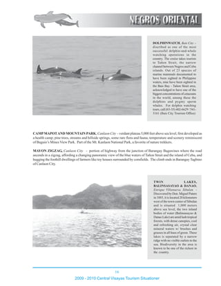 16
2009 - 2010 Central Visayas Tourism Situationer
1234567890123456789012345678901212345678901234
1234567890123456789012345678901212345678901234
1234567890123456789012345678901212345678901234
1234567890123456789012345678901212345678901234
1234567890123456789012345678901212345678901234
1234567890123456789012345678901212345678901234
1234567890123456789012345678901212345678901234
1234567890123456789012345678901212345678901234
1234567890123456789012345678901212345678901234
12345678901234567890123456789012123456789012341234567890123456789012345678901212345678901234
1234567890123456789012345678901212345678901234
1234567890123456789012345678901212345678901234
1234567890123456789012345678901212345678901234
1234567890123456789012345678901212345678901234
1234567890123456789012345678901212345678901234
12345678901234567890123456789012123456789012341234567890123456789012345678901212345678901234
1234567890123456789012345678901212345678901234
1234567890123456789012345678901212345678901234
1234567890123456789012345678901212345678901234
1234567890123456789012345678901212345678901234
1234567890123456789012345678901212345678901234
1234567890123456789012345678901212345678901234
1234567890123456789012345678901212345678901234
12345678901234567890123456789012123456789012341234567890123456789012345678901212345678901234
1234567890123456789012345678901212345678901234
1234567890123456789012345678901212345678901234
1234567890123456789012345678901212345678901234
1234567890123456789012345678901212345678901234
1234567890123456789012345678901212345678901234
12345678901234567890123456789012123456789012341234567890123456789012345678901212345678901234
1234567890123456789012345678901212345678901234
1234567890123456789012345678901212345678901234
1234567890123456789012345678901212345678901234
1234567890123456789012345678901212345678901234
1234567890123456789012345678901212345678901234
12345678901234567890123456789012123456789012341234567890123456789012345678901212345678901234
12345678901234567890123456789012123456789012341234567890123456789012345678901212345678901234
1234567890123456789012345678901212345678901234
1234567890123456789012345678901212345678901234
1234567890123456789012345678901212345678901234
1234567890123456789012345678901212345678901234
1234567890123456789012345678901212345678901234
1234567890123456789012345678901212345678901234
1234567890123456789012345678901212345678901234
12345678901234567890123456789012123456789012341234567890123456789012345678901212345678901234
1234567890123456789012345678901212345678901234
1234567890123456789012345678901212345678901234
1234567890123456789012345678901212345678901234
1234567890123456789012345678901212345678901234
1234567890123456789012345678901212345678901234
12345678901234567890123456789012123456789012341234567890123456789012345678901212345678901234
12345678901234567890123456789012123456789012341234567890123456789012345678901212345678901234
1234567890123456789012345678901212345678901234
1234567890123456789012345678901212345678901234
1234567890123456789012345678901212345678901234
12345678901234567890123456789012123456789012341234567890123456789012345678901212345678901234
12345678901234567890123456789012123456789012341234567890123456789012345678901212345678901234
1234567890123456789012345678901212345678901234
1234567890123456789012345678901212345678901234
CAMPMAPOTAND MOUNTAIN PARK,Canlaon City - verdant plateau 5,000 feet above sea level, first developed as
a health camp; pine trees, streams and hillside springs, some rare flora and fauna; temperature and scenery reminiscent
of Baguio’s Mines View Park. Part of the Mt. Kanlaon National Park, a favorite of nature trekkers.
MAYON ZIGZAG, Canlaon City - portion of highway from the junction of Barangay Bagawines where the road
ascends in a zigzag, affording a changing panoramic view of the blue waters of Tañon Strait and the island of Cebu, and
hugging the foothill dwellings of farmers like toy houses surrounded by cornfields. The climb ends in Barangay Tagbino
of Canlaon City.
1234567890123456789012345678901212345678901234
1234567890123456789012345678901212345678901234
1234567890123456789012345678901212345678901234
1234567890123456789012345678901212345678901234
1234567890123456789012345678901212345678901234
1234567890123456789012345678901212345678901234
1234567890123456789012345678901212345678901234
1234567890123456789012345678901212345678901234
1234567890123456789012345678901212345678901234
1234567890123456789012345678901212345678901234
1234567890123456789012345678901212345678901234
1234567890123456789012345678901212345678901234
1234567890123456789012345678901212345678901234
1234567890123456789012345678901212345678901234
1234567890123456789012345678901212345678901234
1234567890123456789012345678901212345678901234
1234567890123456789012345678901212345678901234
1234567890123456789012345678901212345678901234
1234567890123456789012345678901212345678901234
1234567890123456789012345678901212345678901234
1234567890123456789012345678901212345678901234
1234567890123456789012345678901212345678901234
1234567890123456789012345678901212345678901234
1234567890123456789012345678901212345678901234
1234567890123456789012345678901212345678901234
1234567890123456789012345678901212345678901234
1234567890123456789012345678901212345678901234
1234567890123456789012345678901212345678901234
1234567890123456789012345678901212345678901234
1234567890123456789012345678901212345678901234
1234567890123456789012345678901212345678901234
1234567890123456789012345678901212345678901234
1234567890123456789012345678901212345678901234
1234567890123456789012345678901212345678901234
1234567890123456789012345678901212345678901234
1234567890123456789012345678901212345678901234
1234567890123456789012345678901212345678901234
1234567890123456789012345678901212345678901234
1234567890123456789012345678901212345678901234
1234567890123456789012345678901212345678901234
1234567890123456789012345678901212345678901234
1234567890123456789012345678901212345678901234
1234567890123456789012345678901212345678901234
1234567890123456789012345678901212345678901234
1234567890123456789012345678901212345678901234
1234567890123456789012345678901212345678901234
1234567890123456789012345678901212345678901234
1234567890123456789012345678901212345678901234
1234567890123456789012345678901212345678901234
1234567890123456789012345678901212345678901234
1234567890123456789012345678901212345678901234
1234567890123456789012345678901212345678901234
1234567890123456789012345678901212345678901234
1234567890123456789012345678901212345678901234
1234567890123456789012345678901212345678901234
1234567890123456789012345678901212345678901234
1234567890123456789012345678901212345678901234
1234567890123456789012345678901212345678901234
1234567890123456789012345678901212345678901234
1234567890123456789012345678901212345678901234
1234567890123456789012345678901212345678901234
1234567890123456789012345678901212345678901234
1234567890123456789012345678901212345678901234
1234567890123456789012345678901212345678901234
1234567890123456789012345678901212345678901234
1234567890123456789012345678901212345678901234
1234567890123456789012345678901212345678901234
1234567890123456789012345678901212345678901234
1234567890123456789012345678901212345678901234
1234567890123456789012345678901212345678901234
1234567890123456789012345678901212345678901234
1234567890123456789012345678901212345678901234
DOLPHINWATCH, Bais City -
discribed as one of the most
successful dolphin-and-whale
watching operations in the
country. The cruise takes tourists
to Tañon Strait, the narrow
channel between Negros and Cebu
islands. Out of 23 species of
marine mammals documented to
have been sighted in Philippine
waters, nine have been sighted in
the Bais Bay - Tañon Strait area,
acknowledged to have one of the
biggestconcentrationsofcetaceans
in the world, among these the
dolphins and pygmy sperm
whales. For dolphin watching
tours, call (63-35) 402-6629 / 541-
5161 (Bais City Tourism Office)
TWIN LAKES,
BALINSASAYAO & DANAO,
Enrique Villanueva, Sibulan -
Discovered by Don. Miguel Patero
in 1885, it is located 20 kilometers
west of the town center of Sibulan
and is situated 1,000 meters
above sea level, the two inland
bodies of water (Balinsasayao &
Danao Lake) are amid lush tropical
forests, with dense canopies, cool
and refreshing air, crystal clear
mineral waters w/ brushes and
grasses in all hues of green. These
lakes is separated by a narrow
ridge with no visible outlets to the
sea. Biodiversity in the area is
known to be one of the richest in
the country.
 