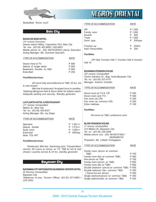 38
2009 - 2010 Central Visayas Tourism Situationer
Basketball; Tennis court
Bais City
BAHIADEBAISHOTEL
(14 rooms) Economy
Dewey Island Hilltop, Capinahan Port, Bais City
Tel. nos.: (63-35) 402-8850 / 402-8851
Mobile phone no.: (63) 09279234543 (Jenny Querubin)
Acting Manager: Ms. Guinever Querubin
TYPE OFACCOMMODATION RATE
Ocean View w/ TV P 800
Deluxe (2 single beds) P 800
Basement, Double, no H&C P 800
Extra Bed P 250
Facilities/services:
All rooms fully airconditioned w/ T&B, 24 hrs. hot
& cold shower
Mini-bar & restaurant; Arranged tours to sandbar,
Talabong Mangrove Park & Tanon Strait for dolphin watch;
Adequate parking and security; Standby generator
LAPLANTAHOTEL& RESTAURANT
(17 rooms) Unclassified
Mabini St., Bais City
Tel. no.: (63-35) 402-8321
Acting Manager: Ms. Joy Diago
TYPE OFACCOMMODATION RATE
Standard P 1,281++
Deluxe double P 1,415++
Suite room P 1,550++
Extra bed P 300/day
Note: 12% VAT
Facilities/services:
Restaurant; Mini-bar; Swimming pool; Transportation
service; All rooms w/ aircon; w/ TV; T&B w/ hot & cold
shower; Laundry service & 24 hrs. standby generator
Bayawan City
BAYAWANCITYINTEGRATEDBUSINESSCENTERHOTEL
(6 Rooms) Unclassified
Bayawan City
Telephone no.(res. Tourism Office): (63-35) 531-0883 /
228-3550
TYPE OFACCOMMODATION RATE
VIP P 1,500
Family room P 1,000
Double P 800
Triple P 1,000
Dorm. type P 200/pax
Freshen-up P 200/hr.
Add’l Person/Bed P 200
Facilities:
VIP Hall; Function Hall 1; Function Hall II; function
Hall III
BAYAWANPENSIONHOUSE
(20 rooms) Unclassified
Carlos Gamboa St., Brgy Suba,Bayawan City
Tel. no.: (63-35) 531-0151
Manager: Antonio Carballo
TYPE OFACCOMMODATION RATE
Aircon room w/ TV & CR P 450
Aircon room (w/o TV) P 400
Fan room (w/ CR) P 250
Fan room (w/ common CR) P 200
Extra mattress P 100
Facilities:
All rooms w/ T&B, conference room
BLISS PENSION HOUSE
(7 rooms) Unclassified
413 Mabini St.,,Bayawan City
Tel. no.: (63-35) 228-3548
Mobile phone nos.: (63) 09106721692 /
09268486197
Proprietor: Ms. Lilibeth Fortugaleza
TYPE OFACCOMMODATION RATE
Family room (aircon w/ common
T&B) P 700
Family room (fan w/ common T&B) P 600
Non-aircon w/ T&B P 700
Family room (aircon, w/ T&B) P 800
Family room (fan w/ T&B) P 650
Double bedroom (aircon,w/ common T&B) P 550
Double bedroom (fan, common T&B) P 450
( Same but w/o aircon) P 550
Single bedroom(aircon w/ common T&B) P 350
Single bedroom(fan w/ common T&B) P 250
 