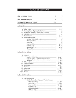 Map of Oriental Negros i
Map of Dumaguete City ii
Tourist Map of Oriental Negros iii
A. Overview
B. Tourist Attractions
B. Tourist Attractions
TABLE OF CONTENTS
I.
II.
III.
IV.
V.
VI.
I.
II.
III.
IV.
V.
VI.
VII.
VIII.
I.
Brief History..................................................................
Geographic & Topographic Features................................
Population & Other Demographic Features......................
Climate..........................................................................
Infrastructure.................................................................
PoliticalSubdivision:
Natural:
Man-made.....................................................................
Special Interest..............................................................
Historical.......................................................................
Cultural..........................................................................
Religious........................................................................
Festivals........................................................................
Fiestas...........................................................................
Accommodations:
1 - 2
2
2
3
3 - 4
5
5
6
6 - 7
7 - 8
8 - 9
9
10 - 11
11 - 12
12
13 - 15
15 - 19
20 - 21
22
22 - 23
23 - 25
25 - 26
27 - 37
37 - 38
38 - 40
40
40 - 41
41 - 42
Province of Oriental Negros .........................................
Dumaguete City ...........................................................
Bais City .....................................................................
Bayawan City..............................................................
Canlaon City................................................................
Guindulman City...........................................................
Tanjay City..................................................................
Beaches / Dive Sites.....................................................
Lagoon , Spring & Other WaterAttractions...................
Waterfalls....................................................................
Hotels / Tourist Inn / Apartels / Pension Houses:
Dumaguete City....................................................
Bais City...............................................................
Bayawan City.........................................................
Canlaon City...........................................................
Guinhulngan City....................................................
Mabinay City..........................................................
 