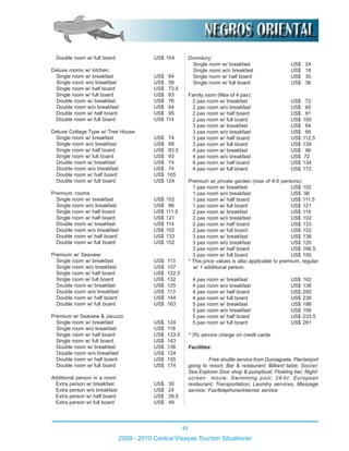 48
2009 - 2010 Central Visayas Tourism Situationer
Double room w/ full board US$ 104
Deluxe rooms w/ kitchen:
Single room w/ breakfast US$ 64
Single room w/o breakfast US$ 58
Single room w/ half board US$ 73.5
Single room w/ full board US$ 83
Double room w/ breakfast US$ 76
Double room w/o breakfast US$ 64
Double room w/ half board US$ 95
Double room w/ full board US$ 114
Deluxe Cottage Type w/ Tree House:
Single room w/ breakfast US$ 74
Single room w/o breakfast US$ 68
Single room w/ half board US$ 83.5
Single room w/ full board US$ 93
Double room w/ breakfast US$ 74
Double room w/o breakfast US$ 74
Double room w/ half board US$ 105
Double room w/ full board US$ 124
Premium rooms:
Single room w/ breakfast US$ 102
Single room w/o breakfast US$ 96
Single room w/ half board US$ 111.5
Single room w/ half board US$ 121
Double room w/ breakfast US$ 114
Double room w/o breakfast US$ 102
Double room w/ half board US$ 133
Double room w/ full board US$ 152
Premium w/ Seaview:
Single room w/ breakfast US$ 113
Single room w/o breakfast US$ 107
Single room w/ half board US$ 122.5
Single room w/ full board US$ 132
Double room w/ breakfast US$ 125
Double room w/o breakfast US$ 113
Double room w/ half board US$ 144
Double room w/ full board US$ 163
Premium w/ Seaview & Jacuzzi:
Single room w/ breakfast US$ 124
Single room w/o breakfast US$ 118
Single room w/ half board US$ 133.5
Single room w/ full board US$ 143
Double room w/ breakfast US$ 136
Double room w/o breakfast US$ 124
Double room w/ half board US$ 155
Double room w/ full board US$ 174
Additional person in a room:
Extra person w/ breakfast US$ 30
Extra person w/o breakfast US$ 24
Extra person w/ half board US$ 39.5
Extra person w/ full board US$ 49
Dormitory:
Single room w/ breakfast US$ 24
Single room w/o breakfast US$ 18
Single room w/ half board US$ 30
Single room w/ full board US$ 36
Family room (Max of 4 pax):
2 pax room w/ breakfast US$ 72
2 pax room w/o breakfast US$ 60
2 pax room w/ half board US$ 91
2 pax room w/ full board US$ 100
3 pax room w/ breakfast US$ 84
3 pax room w/o breakfast US$ 66
3 pax room w/ half board US$ 112.5
3 pax room w/ full board US$ 139
4 pax room w/ breakfast US$ 96
4 pax room w/o breakfast US$ 72
4 pax room w/ half board US$ 134
4 pax room w/ full board US$ 172
Premium w/ private garden (max of 4-5 persons):
1 pax room w/ breakfast US$ 102
1 pax room w/o breakfast US$ 96
1 pax room w/ half board US$ 111.5
1 pax room w/ full board US$ 121
2 pax room w/ breakfast US$ 114
2 pax room w/o breakfast US$ 102
2 pax room w/ half board US$ 133
2 pax room w/ full board US$ 152
3 pax room w/ breakfast US$ 138
3 pax room w/o breakfast US$ 120
3 pax room w/ half board US$ 166.5
3 pax room w/ full board US$ 195
* This price values is also applicable to premium, regular
w/ 1 additional person.
4 pax room w/ breakfast US$ 162
4 pax room w/o breakfast US$ 138
4 pax room w/ half board US$ 200
4 pax room w/ full board US$ 238
5 pax room w/ breakfast US$ 186
5 pax room w/o breakfast US$ 156
5 pax room w/ half board US$ 233.5
5 pax room w/ full board US$ 281
* 3% service charge on credit cards.
Facilities:
Free shuttle service from Dumaguete, Pier/airport
going to resort; Bar & restaurant; Billiard table; Soccer;
Sea Explorer Dive shop & pumpboat; Floating bar; Night-
screen movie; Swimming pool; 24-hr. European
restaurant; Transportation; Laundry services, Massage
service; Fax/telephone/internet service
 