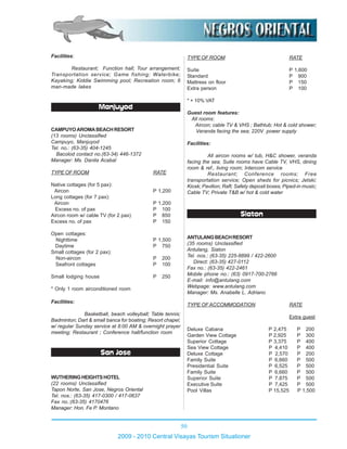 50
2009 - 2010 Central Visayas Tourism Situationer
Facilities:
Restaurant; Function hall; Tour arrangement;
Transportation service; Game fishing; Waterbike;
Kayaking; Kiddie Swimming pool; Recreation room; 6
man-made lakes
Manjuyod
CAMPUYOAROMABEACHRESORT
(13 rooms) Unclassified
Campuyo, Manjuyod
Tel. no.: (63-35) 404-1245
Bacolod contact no.(63-34) 446-1372
Manager: Ms. Danila Acabal
TYPE OF ROOM RATE
Native cottages (for 5 pax):
Aircon P 1,200
Long cottages (for 7 pax):
Aircon P 1,200
Excess no. of pax P 100
Aircon room w/ cable TV (for 2 pax) P 850
Excess no. of pax P 150
Open cottages:
Nighttime P 1,500
Daytime P 750
Small cottages (for 2 pax):
Non-aircon P 200
Seafront cottages P 100
Small lodging house P 250
* Only 1 room airconditioned room
Facilities:
Basketball, beach volleyball; Table tennis;
Badminton; Dart & small banca for boating; Resort chapel;
w/ regular Sunday service at 8:00 AM & overnight prayer
meeting; Restaurant ; Conference hall/function room
San Jose
WUTHERINGHEIGHTSHOTEL
(22 rooms) Unclassified
Tapon Norte, San Jose, Negros Oriental
Tel. nos.: (63-35) 417-0300 / 417-0637
Fax no.:(63-35) 4170476
Manager: Hon. Fe P. Montano
TYPE OF ROOM RATE
Suite P 1,600
Standard P 900
Mattress on floor P 150
Extra person P 100
* + 10% VAT
Guest room features:
All rooms:
Aircon; cable TV & VHS ; Bathtub; Hot & cold shower;
Veranda facing the sea; 220V power supply
Facilities:
All aircon rooms w/ tub, H&C shower, veranda
facing the sea; Suite rooms have Cable TV, VHS, dining
room & ref., living room; Intercom service
Restaurant; Conference rooms; Free
transportation service; Open sheds for picnics; Jetski;
Kiosk; Pavilion; Raft; Safety deposit boxes; Piped-in music;
Cable TV; Private T&B w/ hot & cold water
Siaton
ANTULANGBEACHRESORT
(35 rooms) Unclassified
Antulang, Siaton
Tel. nos.: (63-35) 225-8899 / 422-2600
Direct: (63-35) 427-0112
Fax no.: (63-35) 422-2461
Mobile phone no.: (63) 0917-700-2766
E-mail: info@antulang.com
Webpage: www.antulang.com
Manager: Ms. Anabelle L. Adriano
TYPE OFACCOMMODATION RATE
Extra guest
Deluxe Cabana P 2,475 P 200
Garden View Cottage P 2,925 P 300
Superior Cottage P 3,375 P 400
Sea View Cottage P 4,410 P 400
Deluxe Cottage P 2,570 P 200
Family Suite P 6,660 P 500
Presidential Suite P 6,525 P 500
Family Suite P 6,660 P 500
Superior Suite P 7.875 P 500
Executive Suite P 7,425 P 500
Pool Villas P 15,525 P 1,500
 