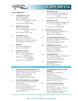 58
2009 - 2010 Central Visayas Tourism Situationer
VEHICLEHIRE/RENTAL
1) AIRBADZRENT-A-CAR
Anchor Tailoring Bldg.
Real St., Dumaguete City
Tel. nos.: (63-35)255-4810/ 225-4819/
225-6162
Contact Person: Nelson and Bert
2) BONIRENT-A-CARINC.
Real St., Dumaguete City
Tel. no.: (63-35)225-2261 / 225-2589/
422-8461
Contact Person: Mr. Boni Yrad
3) DOLARRENTAVAN
106 Colon St., Zamboanguita
Tel. no.: (63-35) 225-1187
Mobile phone no.: (63)0918-740-3496
Contact person: Mr. Mario Dolar
4) KENTAXI
Airport Area, Dumaguete City
Tel. no.: (63-35)225-6863
5) 3MRENTAVAN/CAR
Bagacay, Dumaguete City
Tel. nos: (63-35) 2258416(office);
420-1023(res.);
Mobile nos.: (63) 012-8912018 /
0918-7404039
Contact person: Mr. Ding Andres
6) MENZRENT-A-CAR
L. Rovira Rd., Bantayan, Dumaguete City
Tel. nos.: (63- 35) 2251386 / 2253601/
422-4635
Contact person: Engr. Steve Bumanglag
7) R&RRENT-A-VAN
97 L Rovira Rd., Bantayan, Dumaguete City
Tel. nos.: (63- 35) 2252585 / 2255486 /
2251786
Contact person: Galicano Sibala
8) SCUD’SRENT-A-VAN &TAXI
Valencia Rd., Bagacay, Dumaguete City
Tel. no.: (63-35) 225-8416
Operator: Marivic Kho Andres
9) TANILON-MENDEZRENT-A-CAR
Purok Mutya, Calindagan, Dumaguete City
Tel. no.: (63-35) 2257714
Contact person: Benedicto Tanilon
10) TEMISRENT-A-VAN/CAR
Purok, Santol Bagacay, Dumaguete City
Tel. no.: (63- 35) 2259175
Mobile no.:0917-9660425
Contact person: Bebot Diolaso
11) VIPLIMOSERVICES
117 Silliman Ave. Extension, Dumaguete City
Tel. no.: (63- 35) 2257678
Contact person: Santiago Batulin
12) WISEWHEELSRENT-A-VAN
Dumaguete City
Tel. no.: (63-35) 419-9068
1) DREAMLANDTRAVEL&TOURSAGENCY
Lupega Bldg.,Drive Locsin St., Dumaguete City
Tel. no.: (63-35) 226-1427 / 422-9688
Telefax no.: (63-35) 422-9688
E-mail: jepnsam@yahoo.com
General Manager: Rachel S. Alcazar
2) EIGHTWONDERSTRAVEL&TOURSINC.
La Residencia En Almar Hotel, Rizal Blvd.
Dumaguete City
Tel no.:(63-35)225-5968
Fax no.: (63-35) 225-6390/422-9788
E-mail: info@wonderstravel.net /
eightwonders_traveltours@yahoo.com
Manager: Elsie A. Lee
3) GLOBALFRIENDSTRAVEL&TOURS
PRORIETY
Amari Building, Noblefrance St.
Dumaguete City
Tel no.:(63-35)422-9386
Telefax no.: (63-35) 225-8938
E-mail: globalfriendstravel@yahoo.com
Manager: Artemio E. Ochoco
4) MAGANDATRAVEL&TOURS
Cor. V. Locsin & Sta. Catalina Sts.
Dumaguete City
Tel. no.: (63-35) 422-8418 / 4225-8256
Fax no.: (63-35) 225-6565
E-mail: magandatravel@yahoo.com.ph
Manager: Ms. Janette C. Infante
 