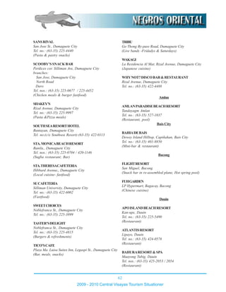 62
2009 - 2010 Central Visayas Tourism Situationer
SANSRIVAL
San Jose St., Dumaguete City
Tel. no.: (63-35) 225-4440
(Pasta & pastry snacks)
SCOOBY’S SNACK BAR
Perdices cor. Silliman Ave, Dumaguete City
branches:
San Jose, Dumaguete City
North Road
Daro
Tel. nos.: (63-35) 225-0677 / 225-4452
(Chicken meals & burger fastfood)
SHAKEY’S
Rizal Avenue, Dumaguete City
Tel. no.: (63-35) 225-9997
(Pasta &Pizza meals)
SOUTHSEARESORTHOTEL
Bantayan, Dumaguete City
Tel. no.(c/o Southsea Resort):(63-35) 422-0113
STA.MONICABEACHRESORT
Banila,, Dumaguete City
Tel. nos.: (63-35) 225-0704 / 420-1146
(Sugba restaurant; Bar)
STA.THERESACAFETERIA
Hibbard Avenue,, Dumaguete City
(Local cuisine- fastfood)
SUCAFETERIA
Silliman University, Dumaguete City
Tel. no.: (63-35) 422-6002
(Fastfood)
SWEETCHOICES
Noblefranca St., Dumaguete City
Tel. no.: (63-35) 225-3899
TASTER’SDELIGHT
Noblefranca St., Dumaguete City
Tel. no.: (63-35) 225-4815
(Burgers & refreshments)
TICO’SCAFE
Plaza Ma. Luisa Suites Inn, Legaspi St., Dumaguete City
(Bar, meals, snacks)
TRIBU
Go Thong By-pass Road, Dumaguete City
(Live bands -Fridadys & Saturdays)
WAKAGI
La Residencia Al Mar, Rizal Avenue, Dumaguete City
(Japanese cuisine)
WHYNOT?DISCOBAR&RESTAURANT
Rizal Avenue, Dumaguete City
Tel. no.: (63-35) 422-4488
Amlan
AMLANPARADISEBEACHRESORT
Tandayagm Amlan
Tel. no.: (63-35) 527-1037
(Restaurant, pool)
Bais City
BAHIADEBAIS
Dewey Island Hilltop, Capiñahan, Bais City
Tel. no.: (63-35) 401-8850
(Mini-bar & restaurant)
Bacong
FLIGHTRESORT
San Miguel, Bacong
(Snack bar in re-assembled plane, Hot spring pool)
FUHGARDEN
LP Hypermart, Bagacay, Bacong
(Chinese cuisine)
Dauin
APOISLANDBEACHRESORT
Kan-upe, Dauin
Tel. no.: (63-35) 225-5490
(Restaurant)
ATLANTISRESORT
Lipayo, Dauin
Tel. no.: (63-35) 424-0578
(Restaurant)
BAHURARESORT&SPA
Maayong Tubig, Dauin
Tel. nos.: (63-35) 425-2053 / 2054
(Restaurant)
 