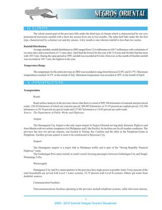 The whole eastern part of the province falls under the third type of climate which is characterized by not very
pronounced maximum rainfall with a short dry season from one to two months. The other half falls under the the first
type, characterized by a distinct wet and dry season. A dry month is one wherein rainfall is less than two inches.
Rainfall Distribution
Averagemonthlyrainfalldistributionin2002rangedfrom12.6millimetersto169.7millimeterswithaminimumof
six rainy days and a maximum of 17 rainy days.April had the lowest for the year with 12.6 mm and October had the most
with 169.7 mm. During the same period in 1995, rainfall was recorded at 0.6 mm. However, in the month of October rainfall
was recorded at 169.7 mm, the highest in the year.
TemperatureRange
The temperature for the entire province in 2002 was recorded to range from between 22.8ºC and 23.7ºC. Maximum
temperatures reached 34.5ºC in the month of July. Minimum temperature was recorded at 20ºC in the month ofApril.
Transportation
Roads
Road surface analysis in the province shows that there is a total of 909.768 kilometers of national and provincial
roads, 120.42 kilometers of which are concrete-paved, 308.885 kilometers or 33.95 percent are asphalt-paved, 352.596
kilometers or 38.76 percent are gravel roads and 127.867 kilometers or 14.05 percent are earth roads.
Source: The Department of Public Works and Highways
Airport
The Dumaguete City Airport is the only major airport in Negros Oriental serving daily domestic flights to and
from Manila with two airline companies (Air Philippines and Cebu Pacific). Its facilities are for all weather conditions. The
province has also two private airports, one located in Tolong, Sta. Catalina and the other in the Pamplona Estate in
Pamplona. Another private airport is soon to be constructed in Bayawan City.
Seaport
The Dumaguete seaport is a major link to Mindanao traffic and is part of the “Strong Republic Nautical
Highway” route.
The Guihulngan Port caters mainly to small vessels ferrying passengers between Guihulngan City and Tangil,
Dumanjug, Cebu.
Watersupply
Dumaguete City and five municipalities in the province have high access to potable water. Forty percent of the
total households are served with Level 1 water systems, 23.75 percent with Level II systems. Others get water from
doubtful sources.
Communication Facilities
Telecommunications facilities operating in the province include telephone systems, cable television stations,
2009 - 2010 Central Visayas Tourism Situationer
3
 