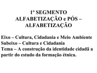 1º SEGMENTO
ALFABETIZAÇÃO e PÓS –
ALFABETIZAÇÃO
Eixo – Cultura, Cidadania e Meio Ambiente
Subeixo – Cultura e Cidadania
Tema – A construção da identidade cidadã a
partir do estudo da formação étnica.

 