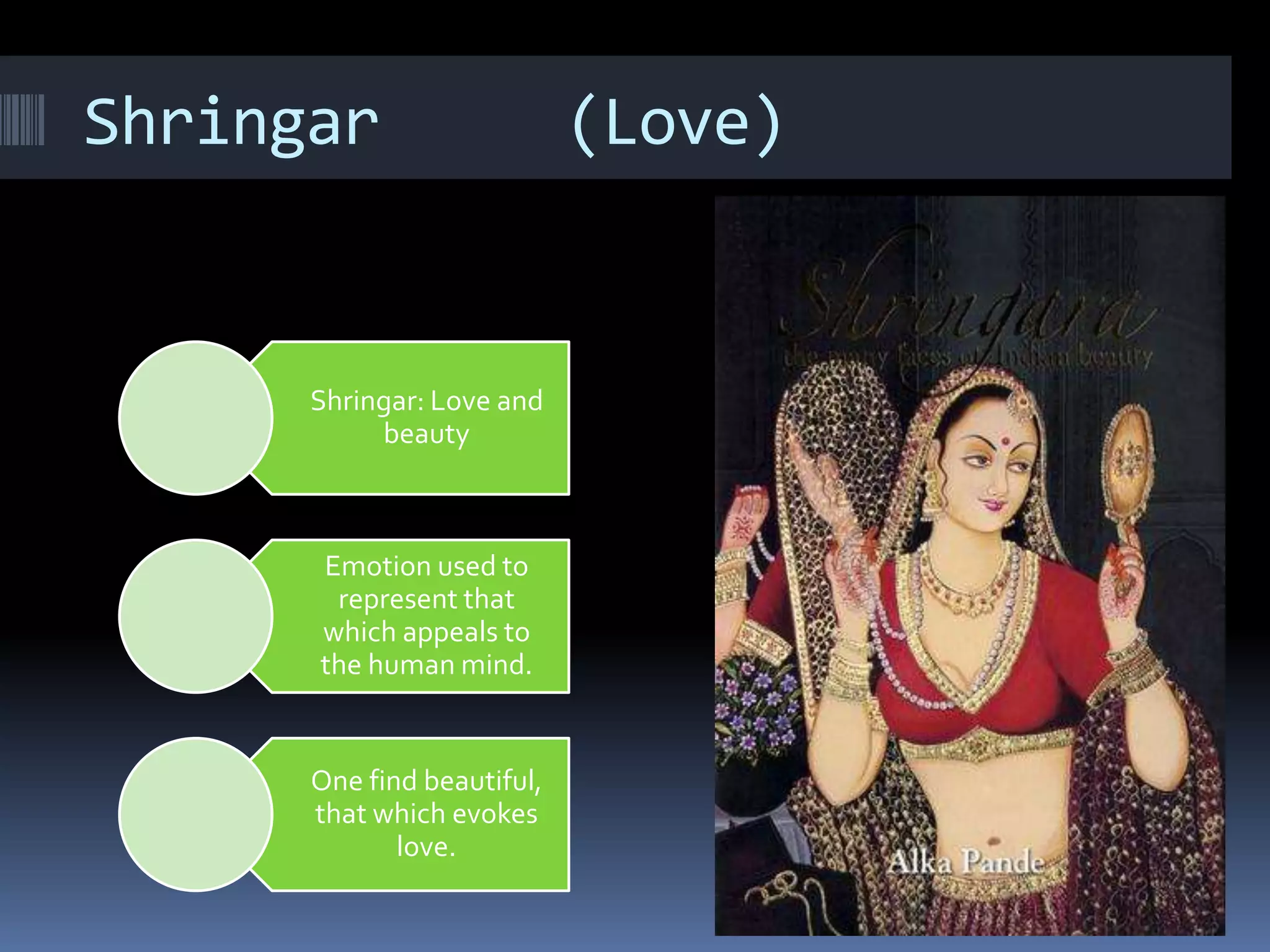 Shringar (Love)
Shringar: Love and
beauty
Emotion used to
represent that
which appeals to
the human mind.
One find beautiful,
that which evokes
love.