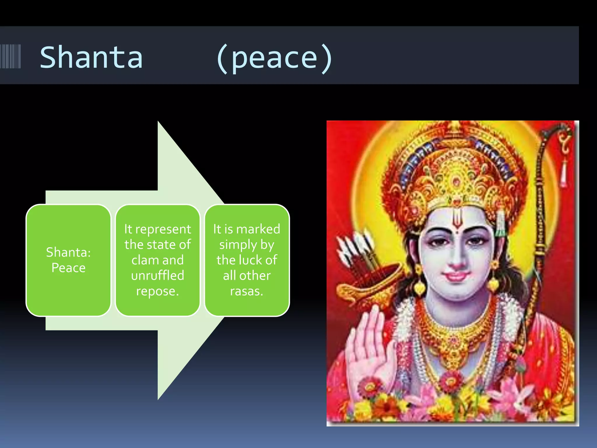 Shanta (peace)
Shanta:
Peace
It represent
the state of
clam and
unruffled
repose.
It is marked
simply by
the luck of
all other
rasas.