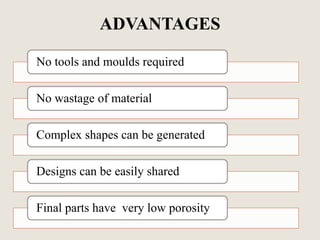 No tools and moulds required
No wastage of material
Complex shapes can be generated
Designs can be easily shared
Final parts have very low porosity
ADVANTAGES
 