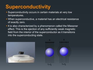 Superconductivity
 Superconductivity occurs in certain materials at very low
temperatures.
 When superconductive, a material has an electrical resistance
of exactly zero.
 It is also characterized by a phenomenon called the Miessner
effect. This is the ejection of any sufficiently weak magnetic
field from the interior of the superconductor as it transitions
into the superconducting state.
 
