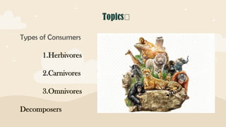 Types of Consumers
1.Herbivores
2.Carnivores
3.Omnivores
Decomposers
 