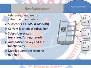Reference database for
subscriber parameters.
 Subscriber ID (IMSI & MSISDN).
 Current location of subscriber.
 Subscriber status
(registered/unregistered)
 Authentication key and AUC
functionality.
 Mobile subscriber roaming
number.
Home location register
Network subsystem
 