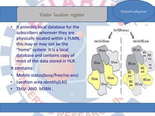 • It provides local database for the
subscribers wherever they are
physically located within a PLMN,
this may or may not be the
“home” system. It is a local
database and contains copy of
most of the data stored in HLR.
It contains:
• Mobile status(busy/free/no ans)
• Location area identity(LAI)
• TMSI AND MSRN .
Network subsystem
Visitor location register
 