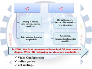 1G
Analog in nature.
Only speech , no data
services..
International Roaming
not possible..
2G
Digital in nature.
Speech + Data services.
( SMS Possible)
Globalised..
International roaming
possible..
In 2001 the first commercial launch of 3G was done in
Japan. With 3G following services are available :
 Video Conferencing
 online games
 net surfing..
 