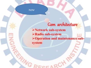 Gsm architecture
now
Network sub-system
Radio sub-system
Operation and maintenance sub-
system
 