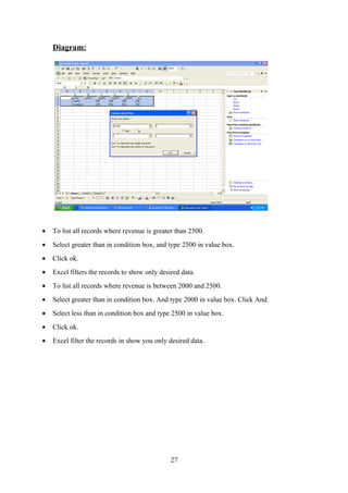 Diagram:
• To list all records where revenue is greater than 2500.
• Select greater than in condition box, and type 2500 in value box.
• Click ok.
• Excel filters the records to show only desired data.
• To list all records where revenue is between 2000 and 2500.
• Select greater than in condition box. And type 2000 in value box. Click And.
• Select less than in condition box and type 2500 in value box.
• Click ok.
• Excel filter the records in show you only desired data.
27
 