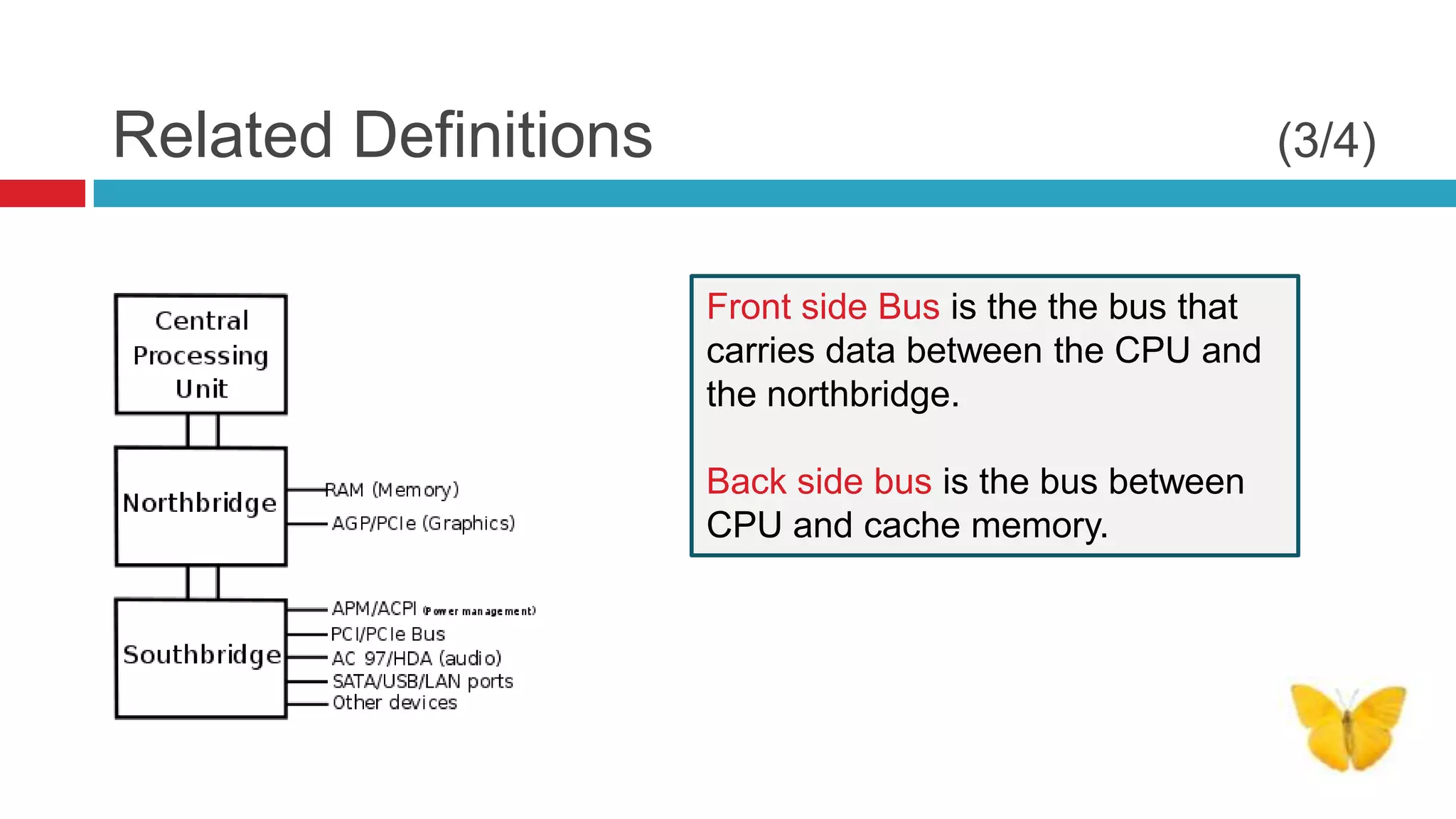 Related Definitions                                        (3/4)


                      Front side Bus is the the bus that
                      carries data between the CPU and
                      the northbridge.

                      Back side bus is the bus between
                      CPU and cache memory.
 