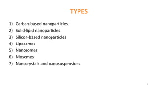 TYPES
1) Carbon-based nanoparticles
2) Solid-lipid nanoparticles
3) Silicon-based nanoparticles
4) Liposomes
5) Nanosomes
6) Niosomes
7) Nanocrystals and nanosuspensions
6
 