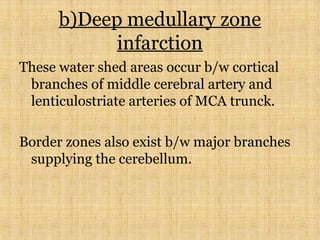 b)Deep medullary zone
infarction
These water shed areas occur b/w cortical
branches of middle cerebral artery and
lenticulostriate arteries of MCA trunck.
Border zones also exist b/w major branches
supplying the cerebellum.
 