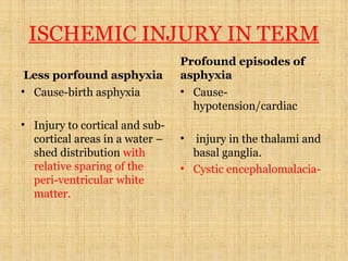 ISCHEMIC INJURY IN TERM
Less porfound asphyxia
• Cause-birth asphyxia
• Injury to cortical and sub-
cortical areas in a water –
shed distribution with
relative sparing of the
peri-ventricular white
matter.
Profound episodes of
asphyxia
• Cause-
hypotension/cardiac
• injury in the thalami and
basal ganglia.
• Cystic encephalomalacia-
 