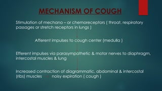 MECHANISM OF COUGH
Stimulation of mechano – or chemoreceptors ( throat, respiratory
passages or stretch receptors in lungs )
Afferent impulses to cough center (medulla )
Efferent impulses via parasympathetic & motor nerves to diaphragm,
intercostal muscles & lung
Increased contraction of diagrammatic, abdominal & intercostal
(ribs) muscles noisy expiration ( cough )
 