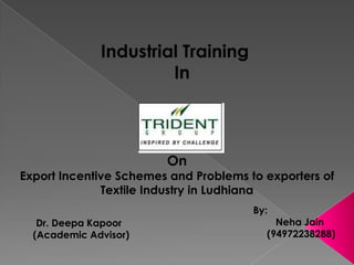 Industrial Training  In On  Export Incentive Schemes and Problems to exporters of  Textile Industry in Ludhiana By:      Neha Jain      (94972238288) Dr. Deepa Kapoor (Academic Advisor) 