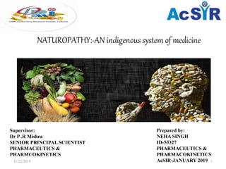 NATUROPATHY:-AN indigenous system of medicine
Prepared by:
NEHA SINGH
ID-53327
PHARMACEUTICS &
PHARMACOKINETICS
AcSIR-JANUARY 2019
Supervisor:
Dr P .R Mishra
SENIOR PRINCIPAL SCIENTIST
PHARMACEUTICS &
PHARMCOKINETICS
11/22/2019 1
 