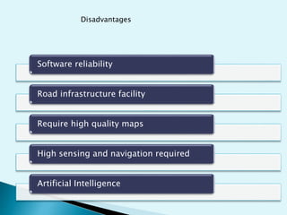 Software reliability
Road infrastructure facility
Require high quality maps
High sensing and navigation required
Artificial Intelligence
Disadvantages
 