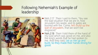 Following Nehemiah's Example of
leadership
 Neh 2:17 Then I said to them, “You see
the bad situation that we are in, how
Jerusalem lies waste, and its gates are
burned with fire. Come, let’s build up the
wall of Jerusalem, that we won’t be
disgraced.”
 Neh 2:18 Then I told them of the hand of
my God which was good on me, and also
the king's words that he had spoken to
me. And they said, Let us rise up and
build. So they made their hands strong for
good.
 