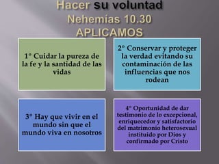 1º Cuidar la pureza de
la fe y la santidad de las
vidas
2º Conservar y proteger
la verdad evitando su
contaminación de las
influencias que nos
rodean
3º Hay que vivir en el
mundo sin que el
mundo viva en nosotros
4º Oportunidad de dar
testimonio de lo excepcional,
enriquecedor y satisfactorio
del matrimonio heterosexual
instituido por Dios y
confirmado por Cristo
 