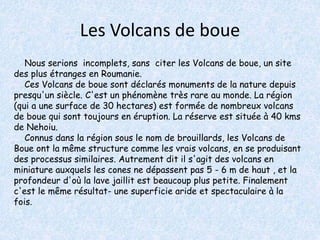 Les Volcans de boue 
Nous serions incomplets, sans citer les Volcans de boue, un site 
des plus étranges en Roumanie. 
Ces Volcans de boue sont déclarés monuments de la nature depuis 
presqu'un siècle. C'est un phénomène très rare au monde. La région 
(qui a une surface de 30 hectares) est formée de nombreux volcans 
de boue qui sont toujours en éruption. La réserve est située à 40 kms 
de Nehoiu. 
Connus dans la région sous le nom de brouillards, les Volcans de 
Boue ont la même structure comme les vrais volcans, en se produisant 
des processus similaires. Autrement dit il s'agit des volcans en 
miniature auxquels les cones ne dépassent pas 5 - 6 m de haut , et la 
profondeur d'où la lave jaillit est beaucoup plus petite. Finalement 
c'est le même résultat- une superficie aride et spectaculaire à la 
fois. 
 