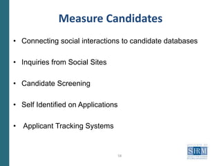 Twitter for RecruitersPromote and discuss jobsResearch candidatesNetwork Build employment brandFollow influential peopleBuild viral momentumLink to important information40Social media is used to increase collaboration, communication and innovationTwitter can level the playing field so that smaller firms can find those people as effectively as the Fortune 500 doEfficient way to identify passive job candidates who might not be scanning job boards.HarvardBusiness.org