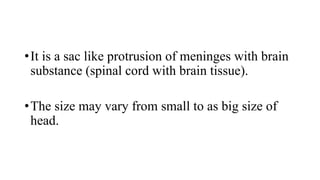 •It is a sac like protrusion of meninges with brain
substance (spinal cord with brain tissue).
•The size may vary from small to as big size of
head.
 
