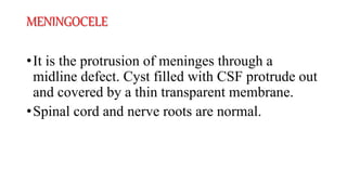 MENINGOCELE
•It is the protrusion of meninges through a
midline defect. Cyst filled with CSF protrude out
and covered by a thin transparent membrane.
•Spinal cord and nerve roots are normal.
 