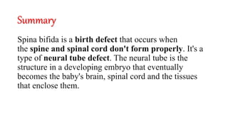Summary
Spina bifida is a birth defect that occurs when
the spine and spinal cord don't form properly. It's a
type of neural tube defect. The neural tube is the
structure in a developing embryo that eventually
becomes the baby's brain, spinal cord and the tissues
that enclose them.
 
