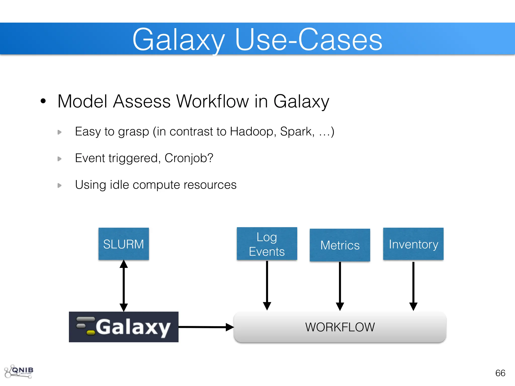 66
Galaxy Use-Cases
SLURM
Log
Events
WORKFLOW
Metrics Inventory
• Model Assess Workflow in Galaxy
Easy to grasp (in contrast to Hadoop, Spark, …)
Event triggered, Cronjob?
Using idle compute resources
 