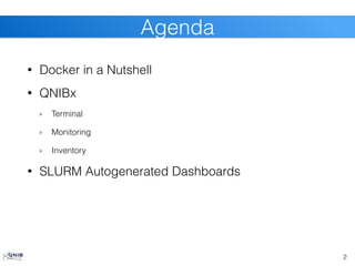 • Docker in a Nutshell
• QNIBx
Terminal
Monitoring
Inventory
• SLURM Autogenerated Dashboards
2
Agenda
 
